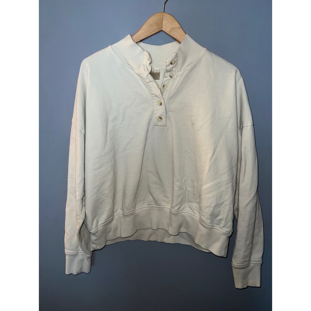 CALIA Womens Cream Button Mock Neck Cropped Sweatshirt Size L Off-White Fleece